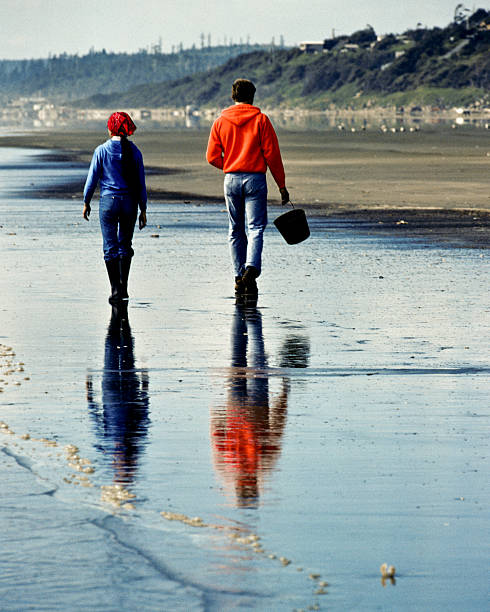 Young Couple Walking on Beach is Reflected in Wet  Sand Ocean Shores, Washington, USA - June 29, 1977: A young couple walks along the Pacific Ocean beach and is reflected in the wet sand.  This photograph was taken near Ocean Shores, Washington State, USA. jeff goulden pacific ocean stock pictures, royalty-free photos & images
