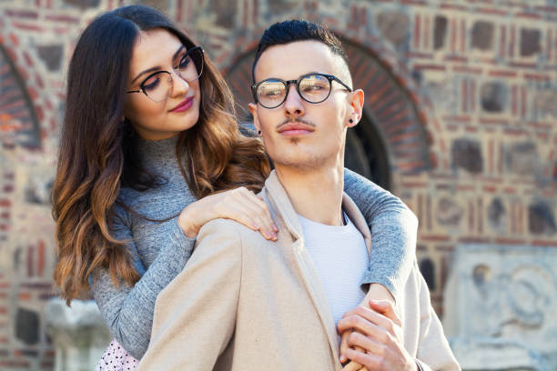 Young couple wearing glasses stock photo