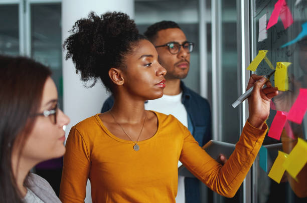 Young creative businesswoman standing with her colleagues writing new ideas on sticky notes over glass wall Executives looking at businesswoman writing on adhesive notes stuck over glass adhesive note stock pictures, royalty-free photos & images