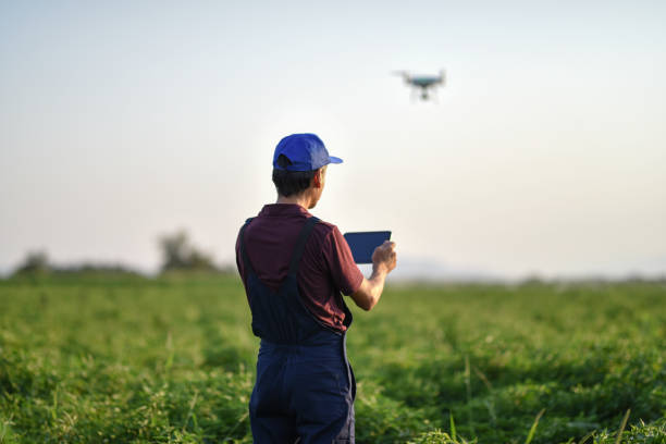 giovane agricoltore che vola un drone su un campo - software agricoltura irrigazione foto e immagini stock