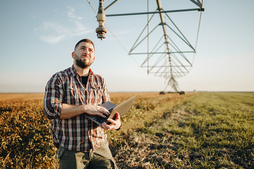 Young farmer standing in wheat field and setup irrigation system using laptop.