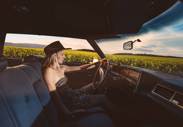Young female driver on open road. Woman driving vintage car on road trip. stock photo