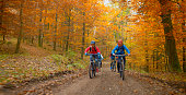 istock Young friends mountain biking in autumn forest 1387338304