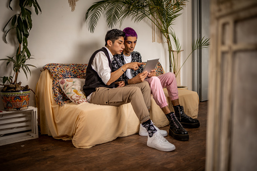 Two young men sitting in the living room and using digital tablet