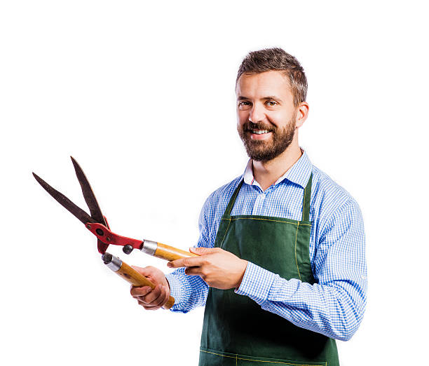 Young handsome gardener Young handsome gardener in green apron. Studio shot on white background pruning shears stock pictures, royalty-free photos & images