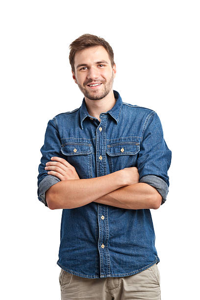 young handsome man in jeans shirt stock photo