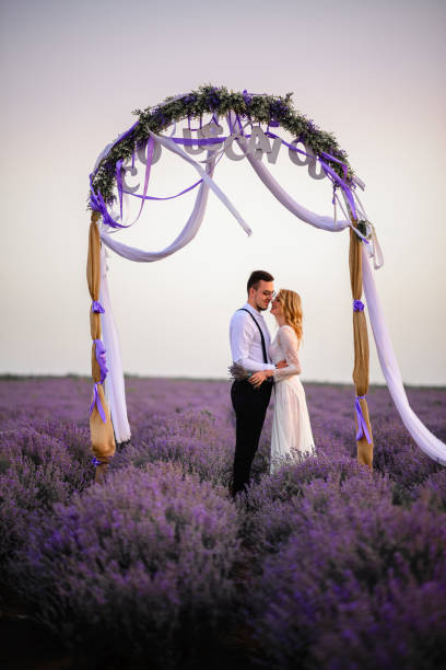 Young happy bride and groom hugging in flowering lavender field stock photo