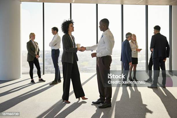 Young Hispanic and Black corporate colleagues shaking hands