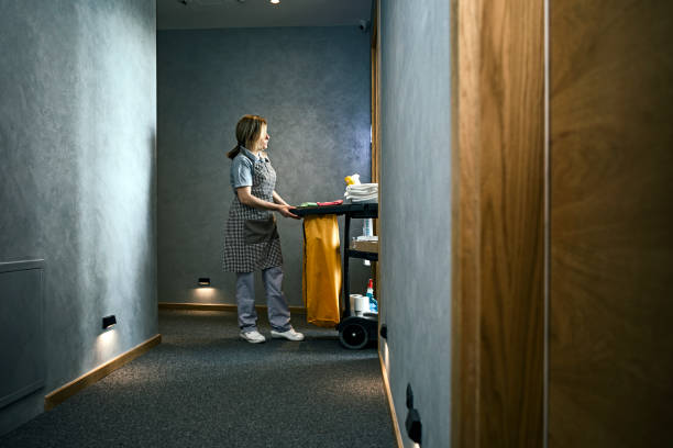 Young maid cleaning the hotel suite Young maid cleaning in the hotel Hotel cleaning stock pictures, royalty-free photos & images
