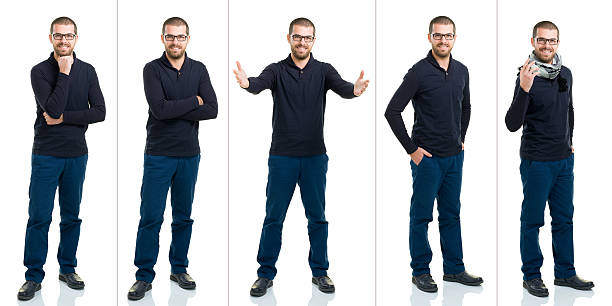 Young Male Full Length Multiple Image Young man full length multiple image on white background. same person different outfits stock pictures, royalty-free photos & images