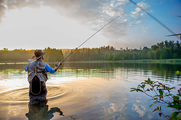 Young man flyfishing at sunrise Young man flyfishing at sunriseYoung man makes a cast with his fly rod while flyfishing at sunrise. fisher role photos stock pictures, royalty-free photos & images