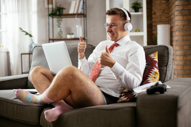 Young man having video call. stock photo