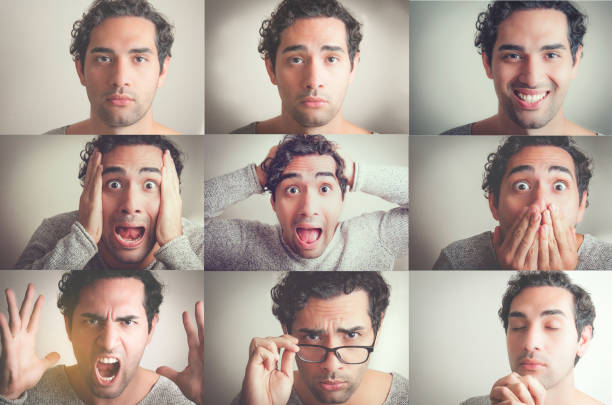 Young man multi expressions Young man making various facial expressions same person different outfits stock pictures, royalty-free photos & images