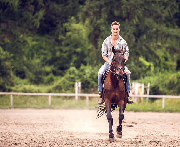 young man ridding a horse in nature. - smiling earth horse bildbanksfoton och bilder