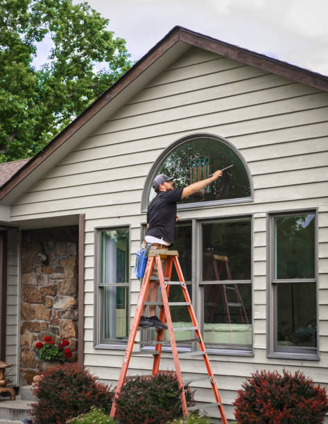 Young man standing on ladder washing outside windows of Midwestern house Young man stands on ladder holding squeegee while washing outside windows of Midwestern house in summer glass window cleaning stock pictures, royalty-free photos & images