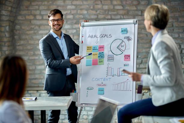 Young manager holding a presentation about new business ideas to his colleagues. Happy businessman talking while presenting new business strategy on a whiteboard during the meeting in the office. concepts & topics stock pictures, royalty-free photos & images