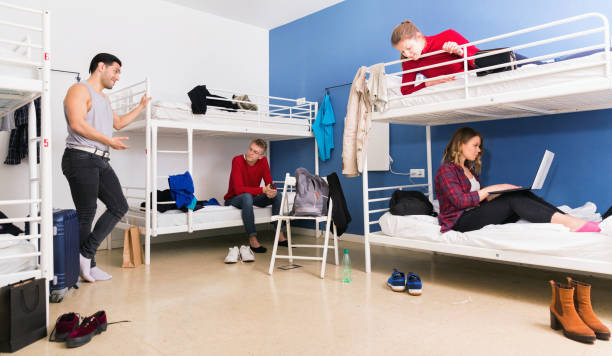 hombres y mujeres jóvenes amables interactuando durante su estancia en el moderno albergue cómodo - bunk beds fotografías e imágenes de stock