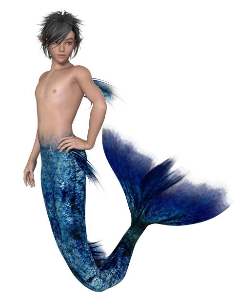 Young Merman with Dark Blue Fish Tail Fantasy illustration of a young dark haired merman with dark blue fish scales, 3d digitally rendered illustration merman stock pictures, royalty-free photos & images