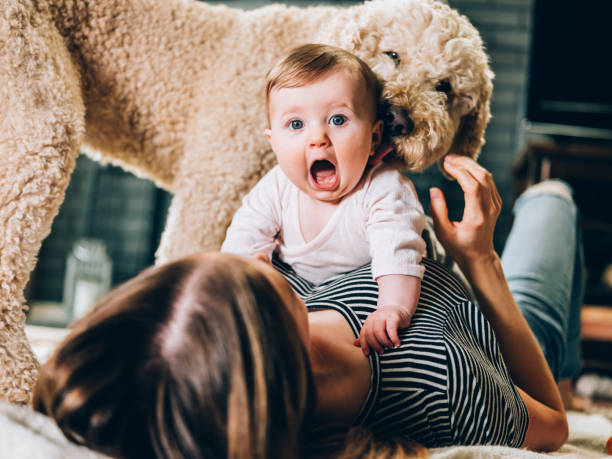 Young mother and baby girl play time stock photo