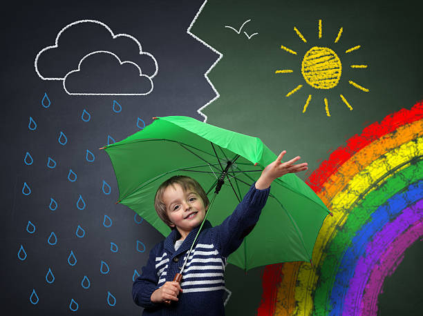 Young optimist - a change in the weather Child holding an umbrella standing in front of a chalk drawing of changing weather from rain storm to sun shine with a rainbow on a school blackboard meteorology stock pictures, royalty-free photos & images