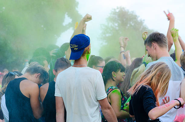 Young people are celebrating festival of colors in Gomel, Belarus stock photo