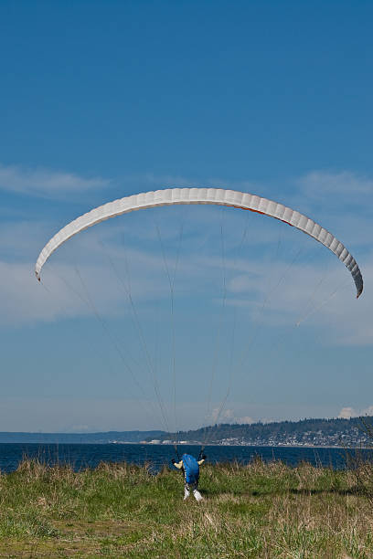 Paraglider Landing on a Grassy Bluff Seattle, Washington, USA - April 13, 2012: A young woman brings her paraglider in for a landing on the beach at Golden Gardens Park. jeff goulden paragliding stock pictures, royalty-free photos & images