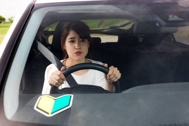 young woman driving a car with japanese sticker for new car drivers. young woman driving a car with japanese sticker for new car drivers. shy japanese woman stock pictures, royalty-free photos & images