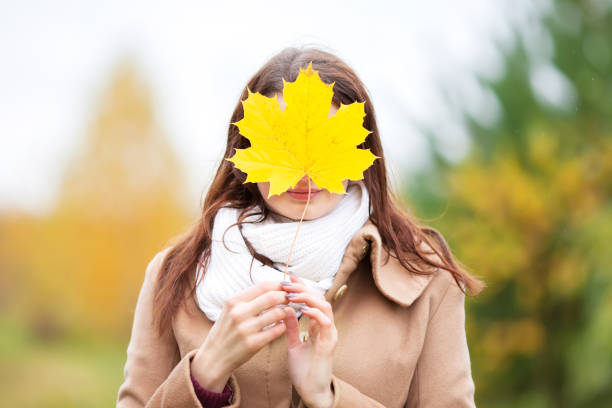 Cheerful woman hides face with autumn yellow maple leave, closeup.