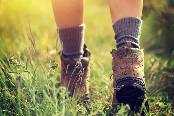 young woman hiker legs walking on trail in grassland stock photo