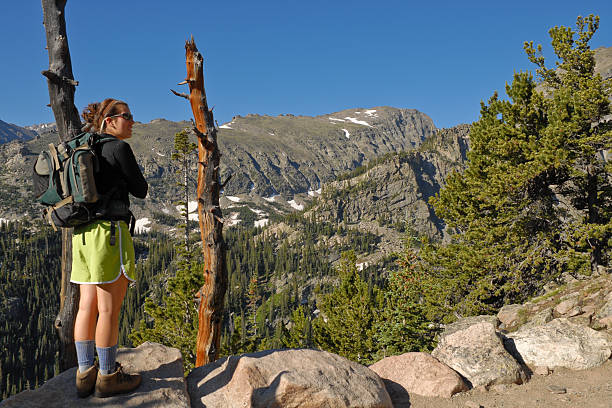 Young Woman Hiking in the Colorado Rockies This young woman is hiking the Flattop Trail in Rocky Mountain National Park near Estes Park, Colorado, USA. jeff goulden rocky mountain national park stock pictures, royalty-free photos & images