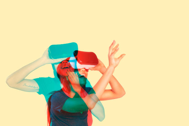 Young woman inside virtual reality Young woman playing with virtual reality. Multiple exposure virtual reality point of view stock pictures, royalty-free photos & images