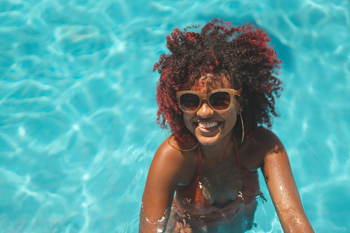 Woman, Afro, swimming pool, Vacation, Summer