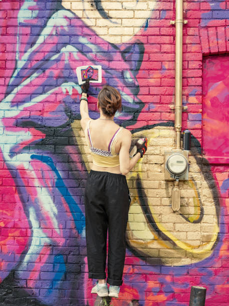 Young woman painting mural on the house stock photo
