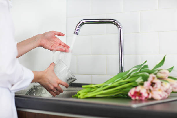 Young woman rinsing and cutting flowers and pouring water into the vase in kitchen stock photo