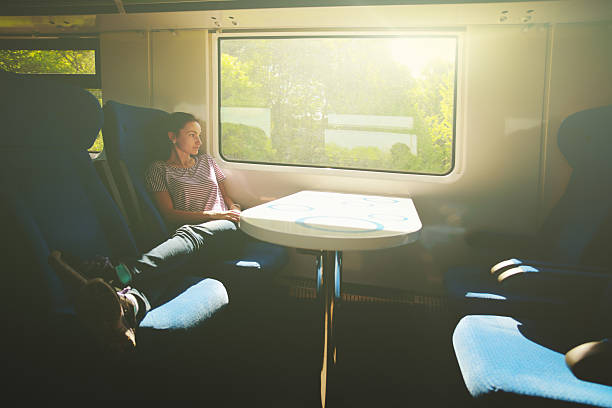 Young woman sitting in train Young woman sitting in train, looking out window. alcove window seat stock pictures, royalty-free photos & images