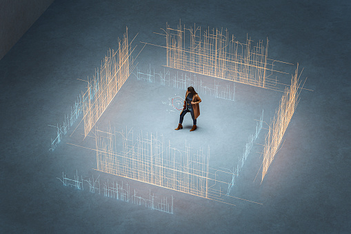 Young woman standing against city with augmented reality directions. This is entirely 3D generated image.