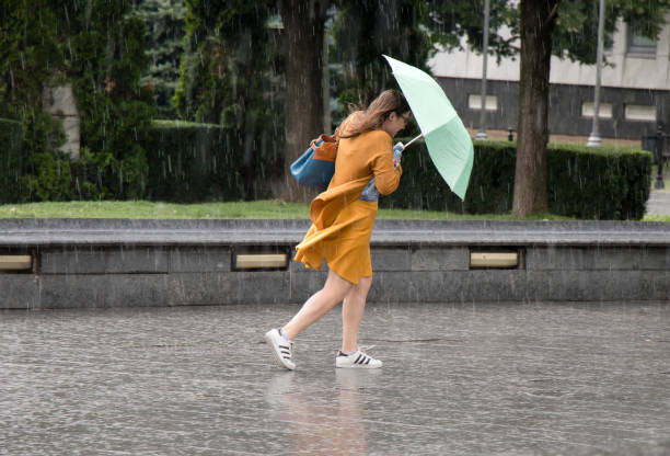 Young woman under umbrella during sudden spring shower Belgrade: One young woman running under umbrella in the sudden  heavy spring windy rain in the city park , holding a bottle of water rain stock pictures, royalty-free photos & images