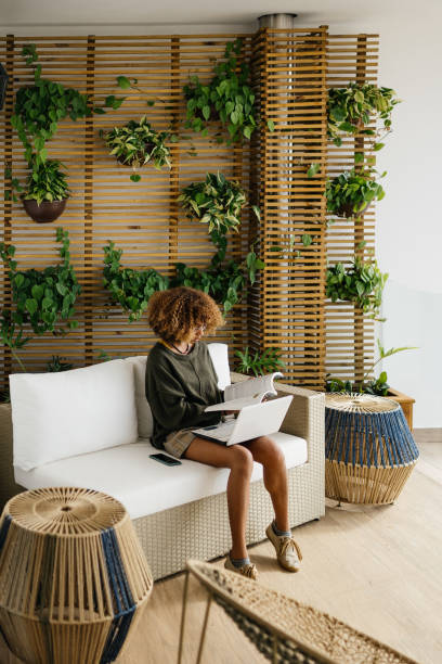 Young woman using laptop in sustainable house stock photo