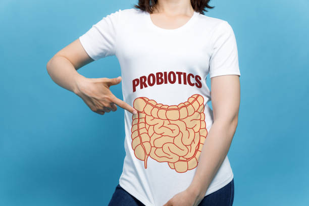young woman wearing a T-shirt printed with an intestinal illustration young woman wearing a T-shirt printed with an intestinal illustration probiotics and prebiotics stock pictures, royalty-free photos & images
