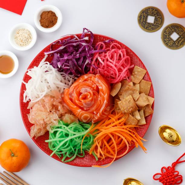 Yu Sheng Lo Hei Ye Sang Prosperity Tost, Raw Fish Salad for Chinese New Year stock photo