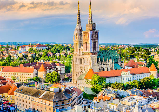 Zagreb cathedral aerial view. Aerial view on cathedral in Zagreb city, capital town of Croatia, european landmarks.  cathedral stock pictures, royalty-free photos & images