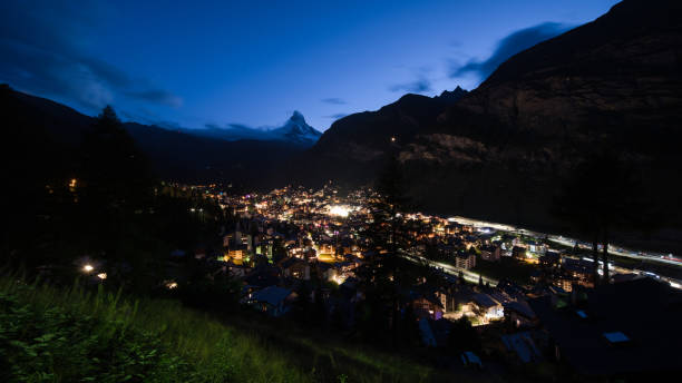 Zermatt switzerland in night time stock photo
