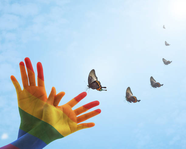 conceito zero do dia da discriminação com teste padrão da bandeira do arco-íris na mão dos povos na forma da borboleta - homofobia - fotografias e filmes do acervo