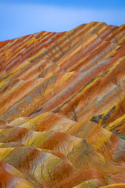 Zhangye Danxia National Geological Park Amazing scenery of Rainbow mountain and blue sky background in sunset. Zhangye Danxia National Geopark, Gansu, China. Colorful landscape, rainbow hills, unusual colored rocks, sandstone erosion danxia landform stock pictures, royalty-free photos & images