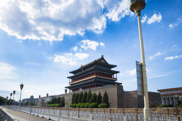 ZhengYang Gate under cloudy blue sky in Qianmen street, southern Beijing stock photo