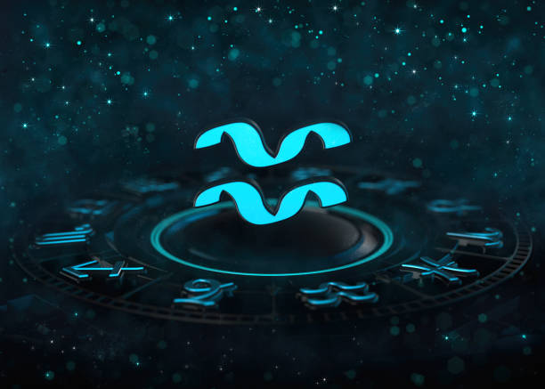 Zodiac Aquarius symbol above astrological wheel and bokeh at dark. Horoscope sign 3D illustration background. aquarius astrology sign stock pictures, royalty-free photos & images
