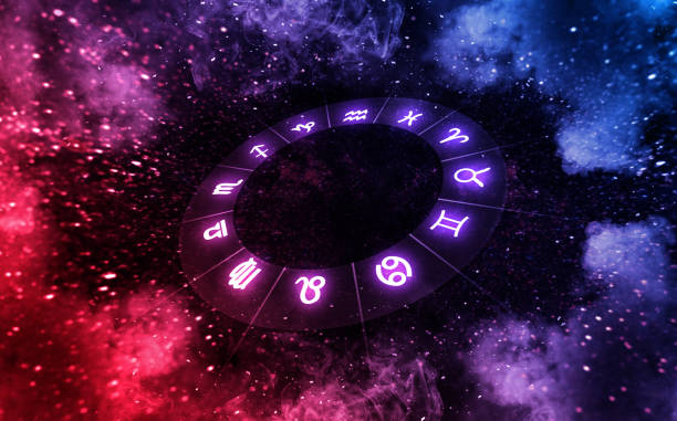 Zodiac signs inside of horoscope circle on universe. Astrology and horoscopes. stock photo