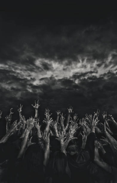 Zombie hands rising in dark night stock photo