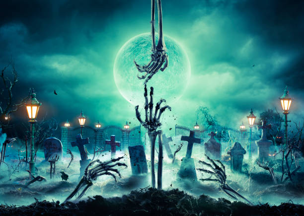 Zombie Hands Rising In In Dark Halloween Night - Cemetery With Full Moon Bones Zombie Hands Rising In In Dark Halloween Night - Cemetery With Full Moon aqua menthe photos stock pictures, royalty-free photos & images