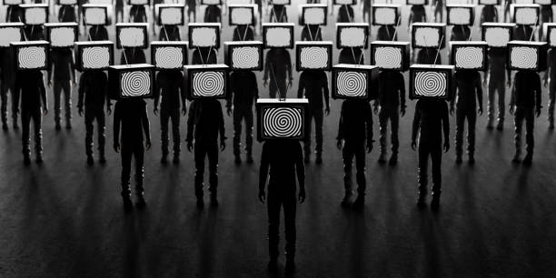Zombie people with an old tv instead of head. Mass media addiction. Television manipulation and crowd control. Brainwashing concept stock photo
